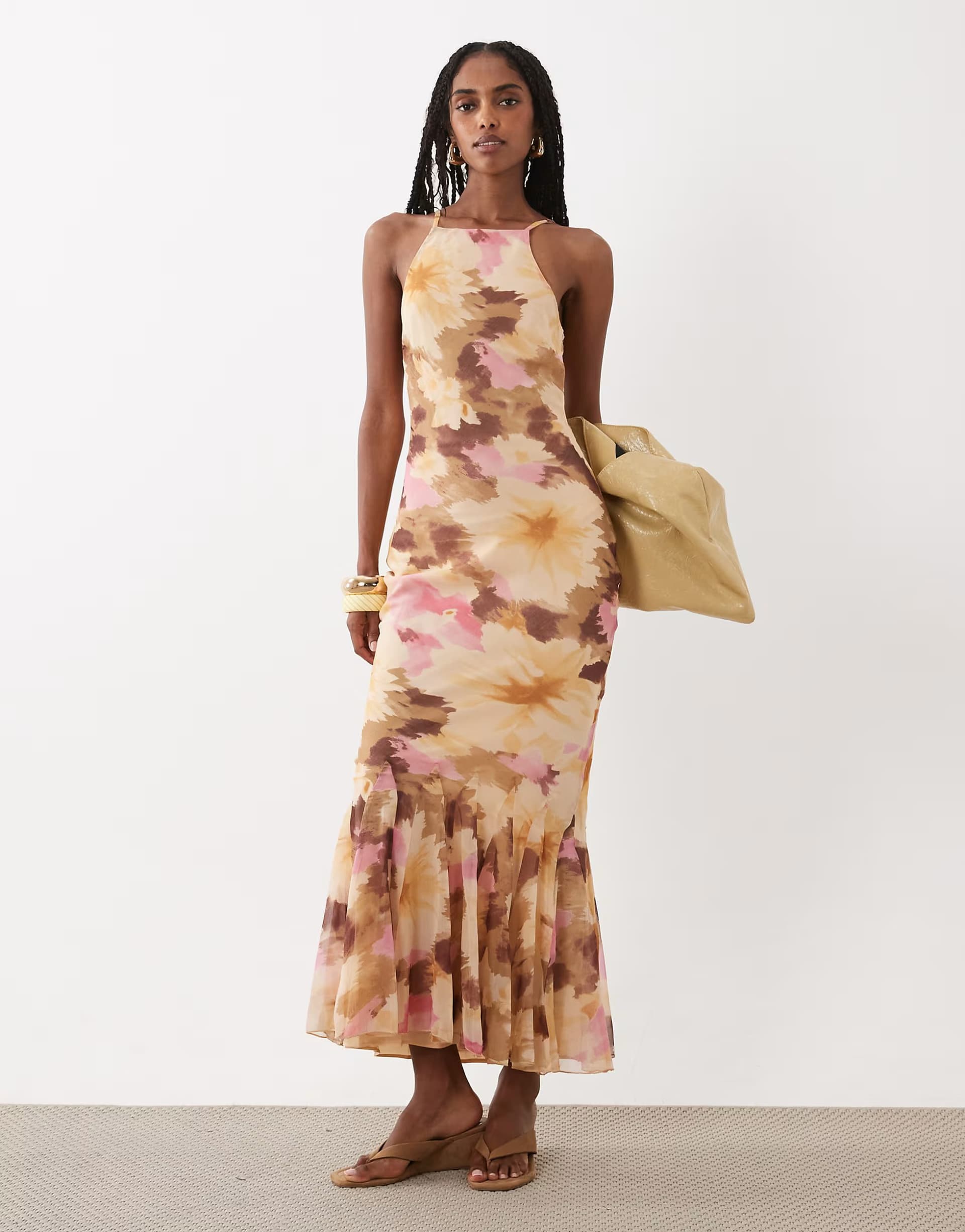 ASOS ASOS DESIGN chiffon sleeveless maxi dress with godet hem in pink and orange floral print