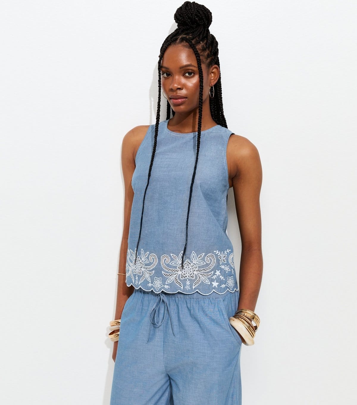 New Look Blue Embroidered Hem Sleeveless Top