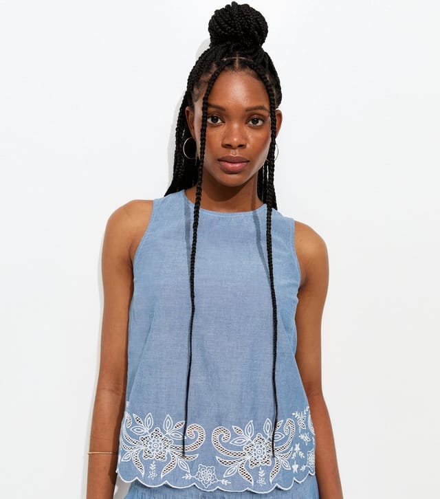 New Look Women's Tall Blue Embroidered Scalloped Hem Top New Look - 3