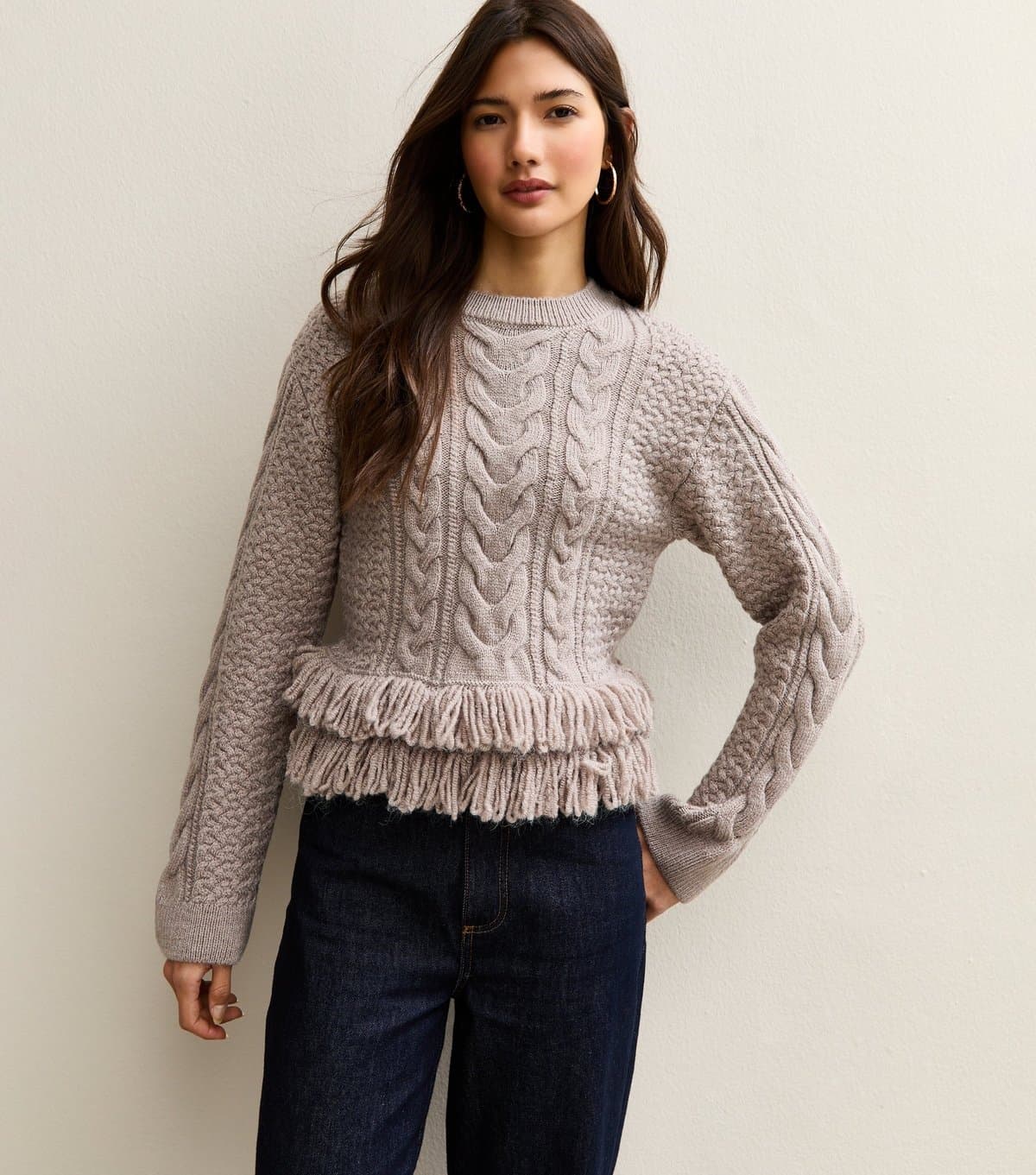 New Look Women's Mink Cable Knit Fringe Hem Jumper New Look