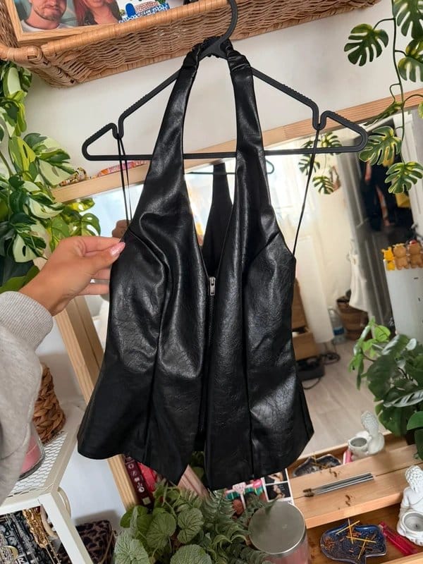 Bershka Black Faux Leather Zip-Up Halter Top
