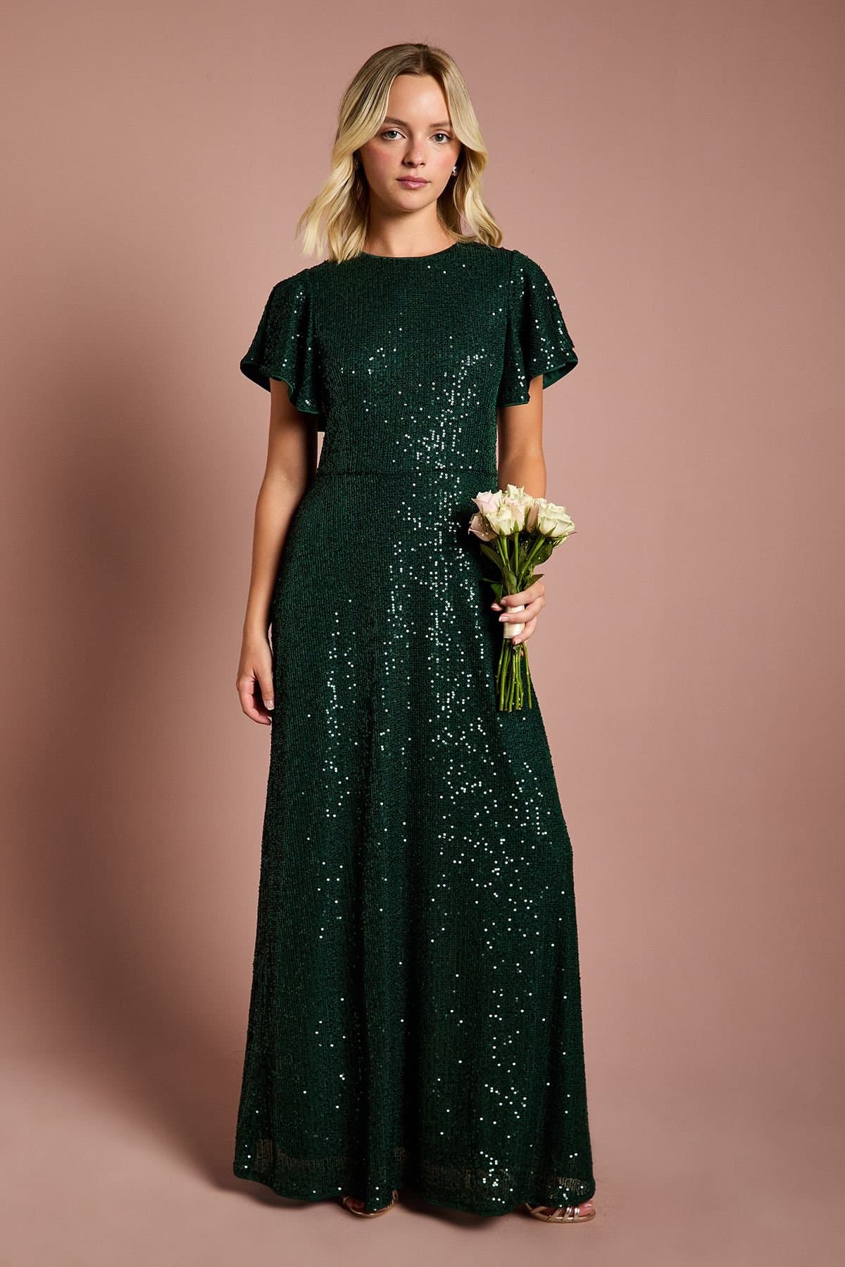 Coast Coast Women's Teen Sequin Angel Sleeve Bridesmaid Dress in Emerald