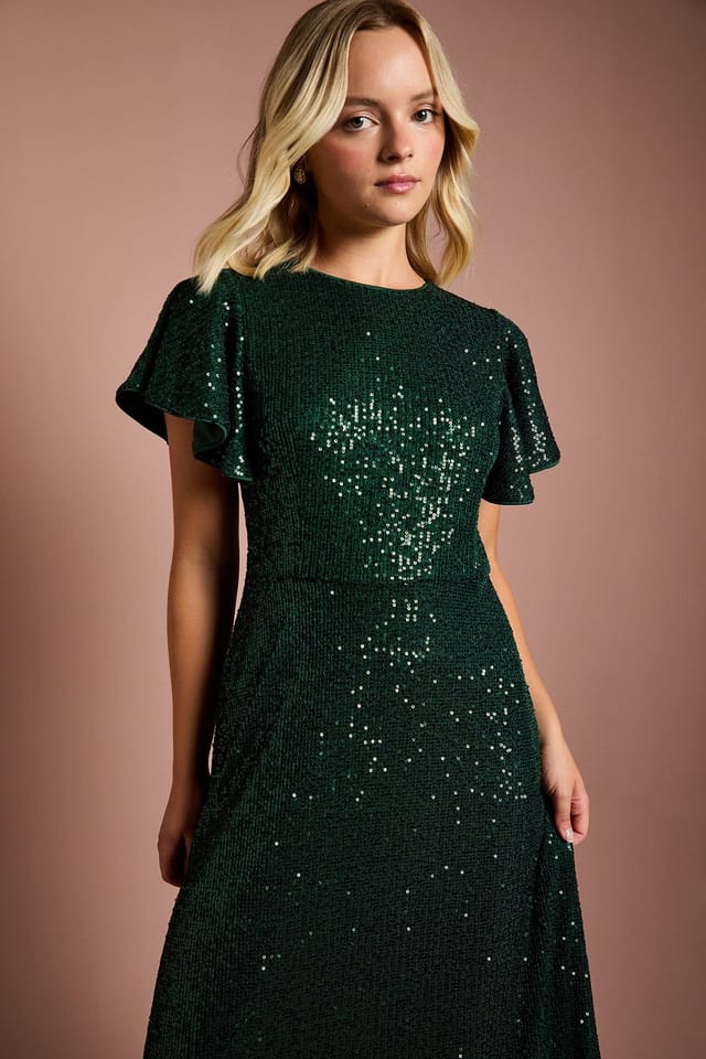 Coast Coast Women's Teen Sequin Angel Sleeve Bridesmaid Dress in Emerald - 2