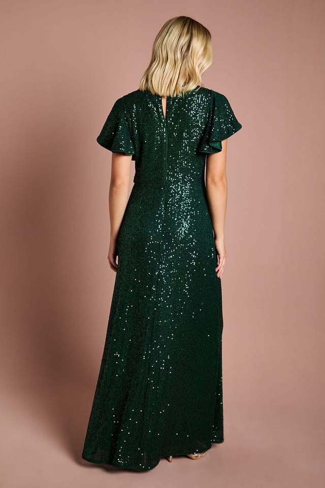 Coast Coast Women's Teen Sequin Angel Sleeve Bridesmaid Dress in Emerald - 3