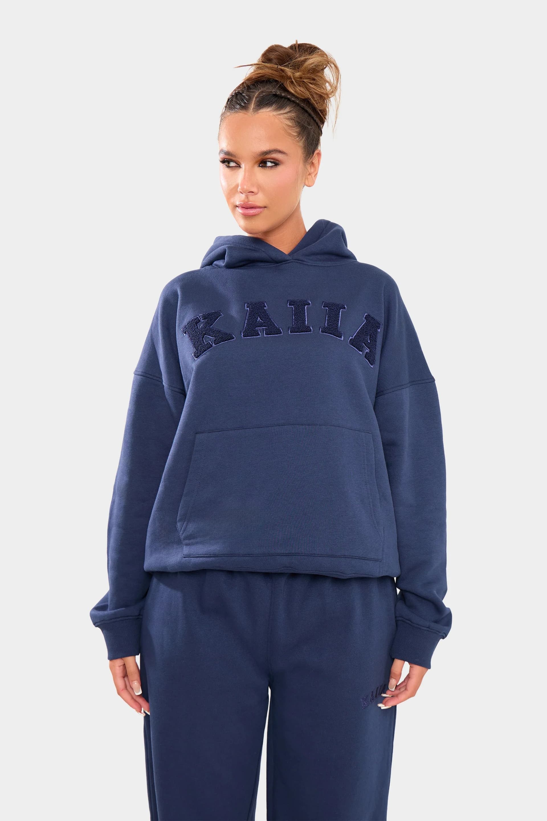 Kaiia Kaiia Borg Slogan Oversized Hoodie Deep Blue