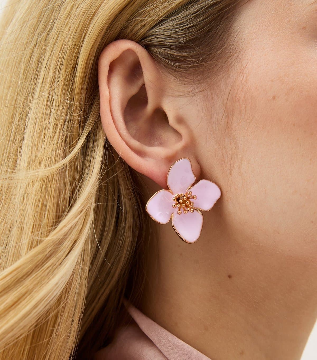 New Look New Look Gold Tone Light Pink Enamel Flower Stud Earrings