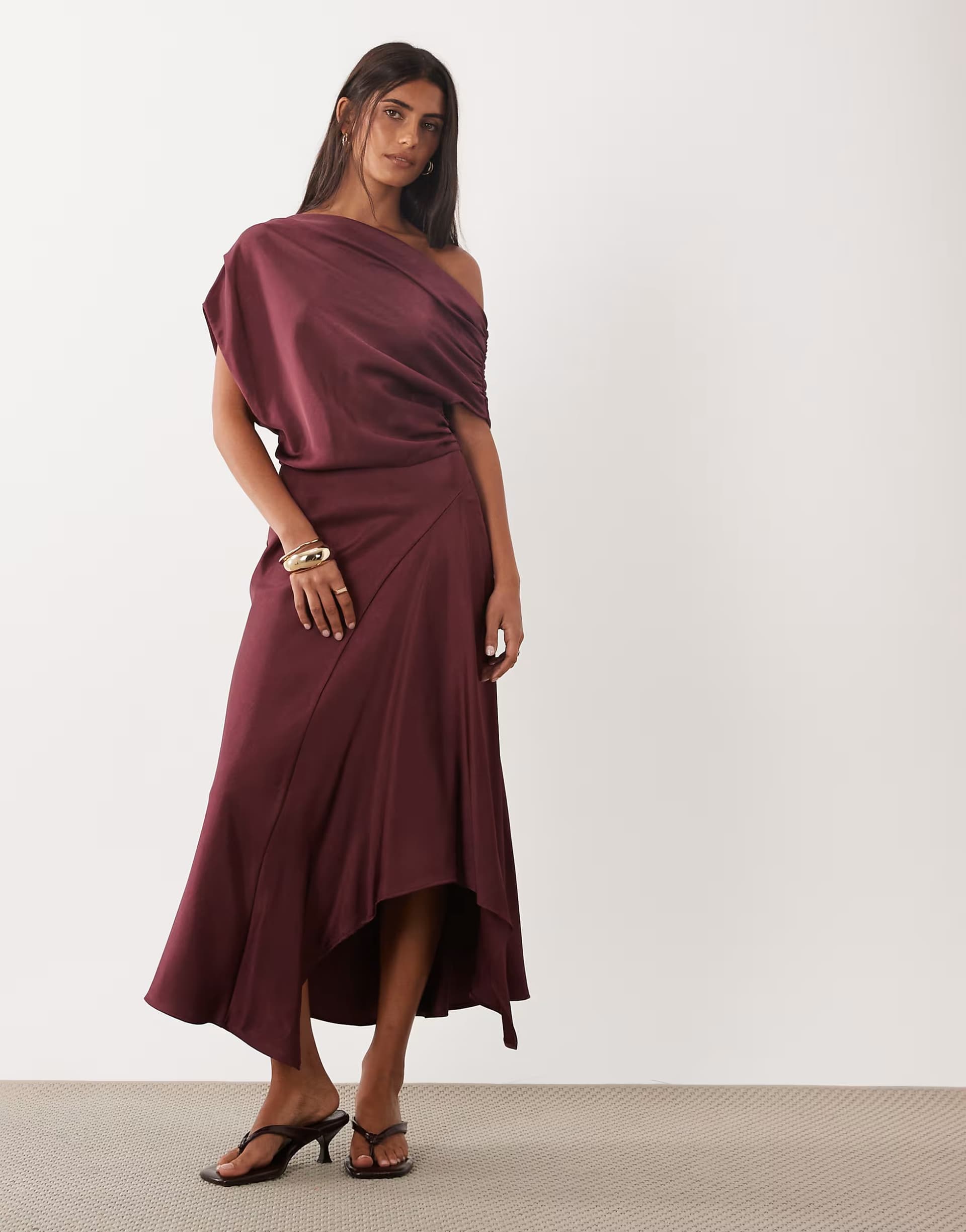ASOS Mango one shoulder satin midi dress in rose
