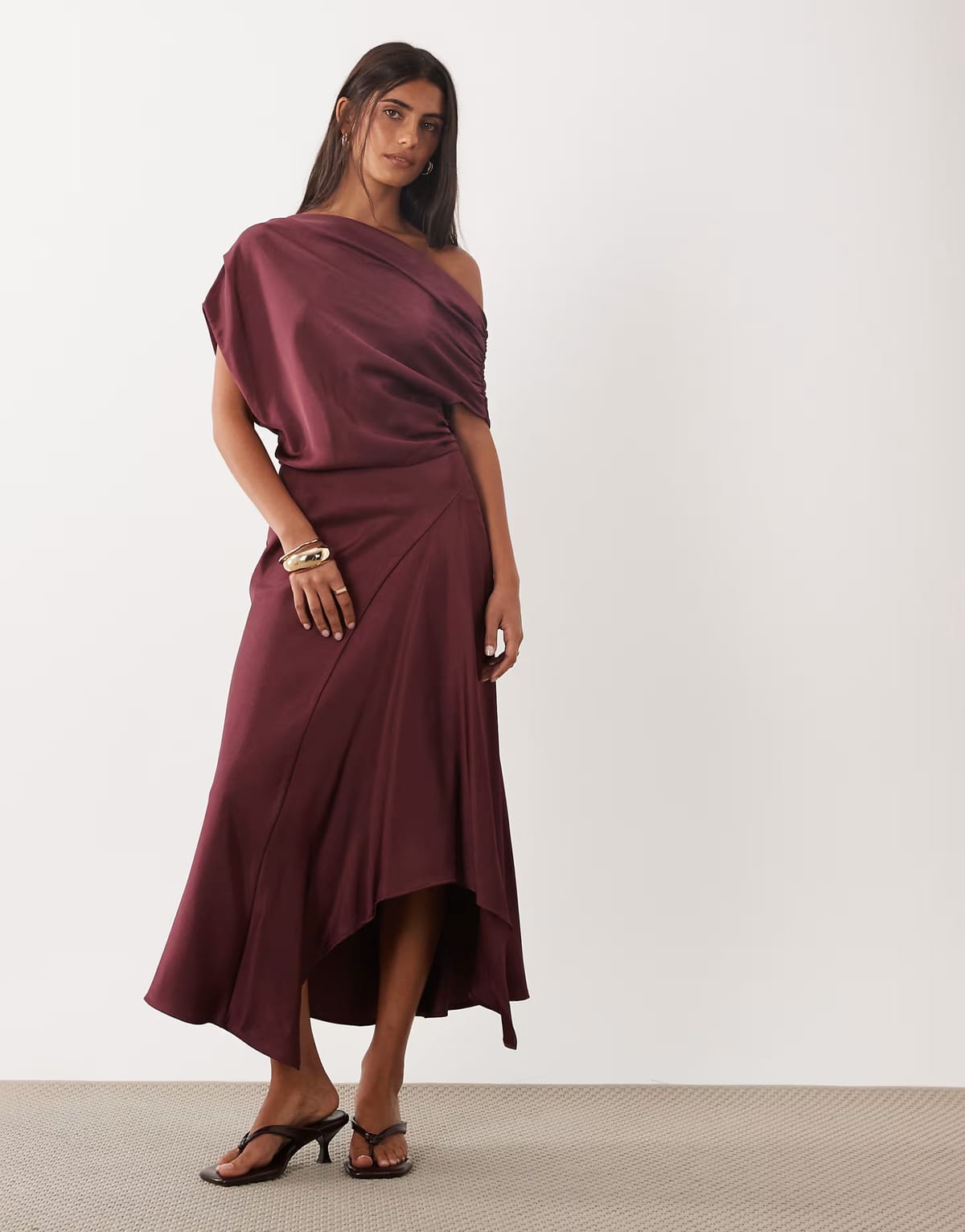 ASOS Mango one shoulder satin midi dress in rose - 1