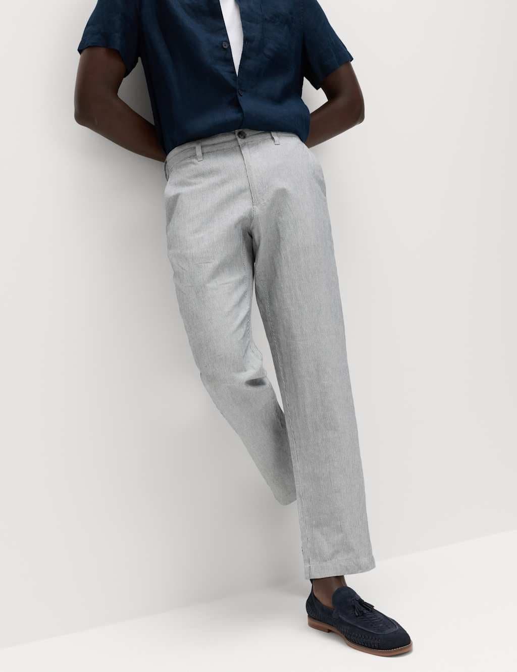 Marks & Spencer M&S Regular Fit Linen Blend Chinos Navy Mix