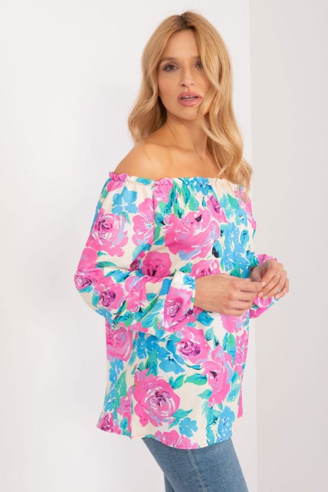 Love Lace Love Lace Women's Floral Polyester Blouse with Spanish Neckline in Blue - 2