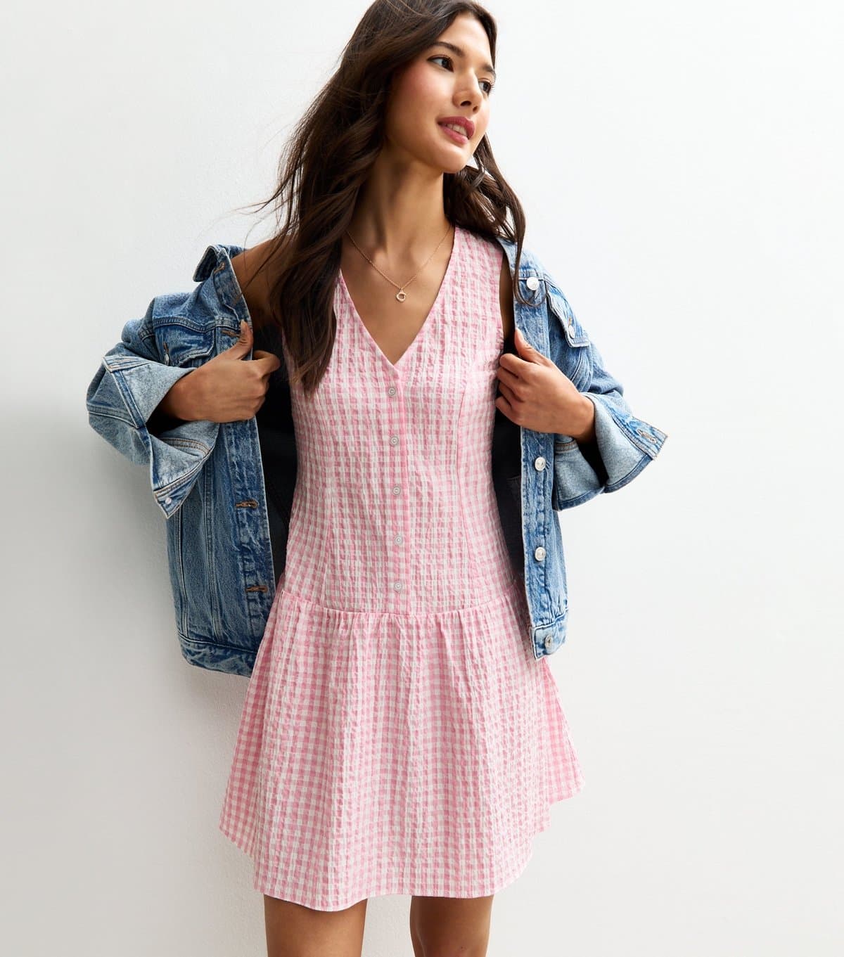 New Look Women's Pink Gingham V-Neck Button Up Mini Dress New Look