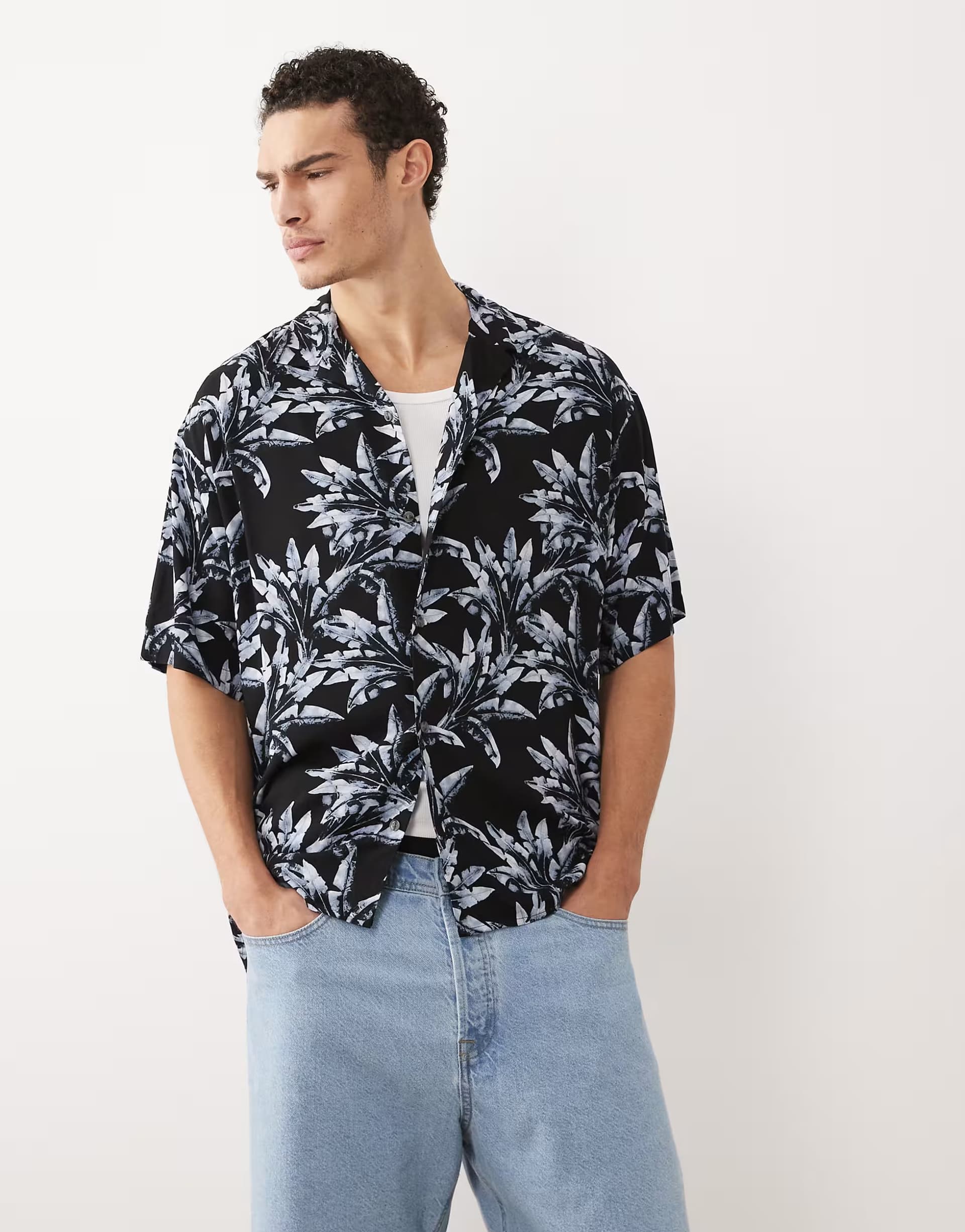 ASOS Jack & Jones revere collar shirt with palm print in blue