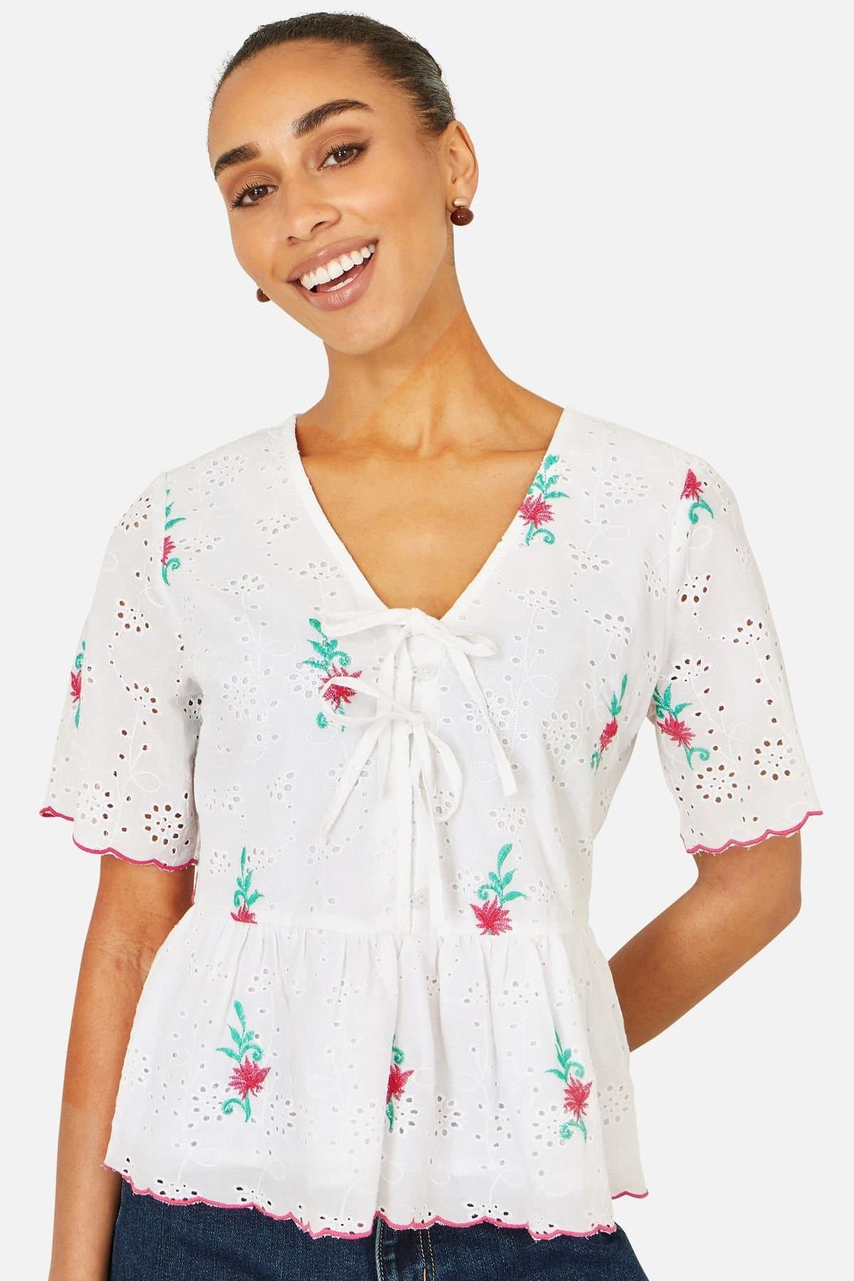 Yumi Yumi Women's White Cotton Broderie Anglaise Embroidered Tie Top in Cool White