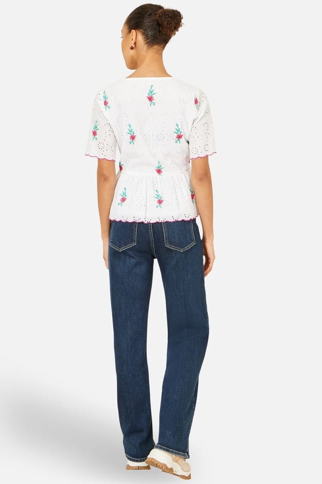 Yumi Yumi Women's White Cotton Broderie Anglaise Embroidered Tie Top in Cool White - 3