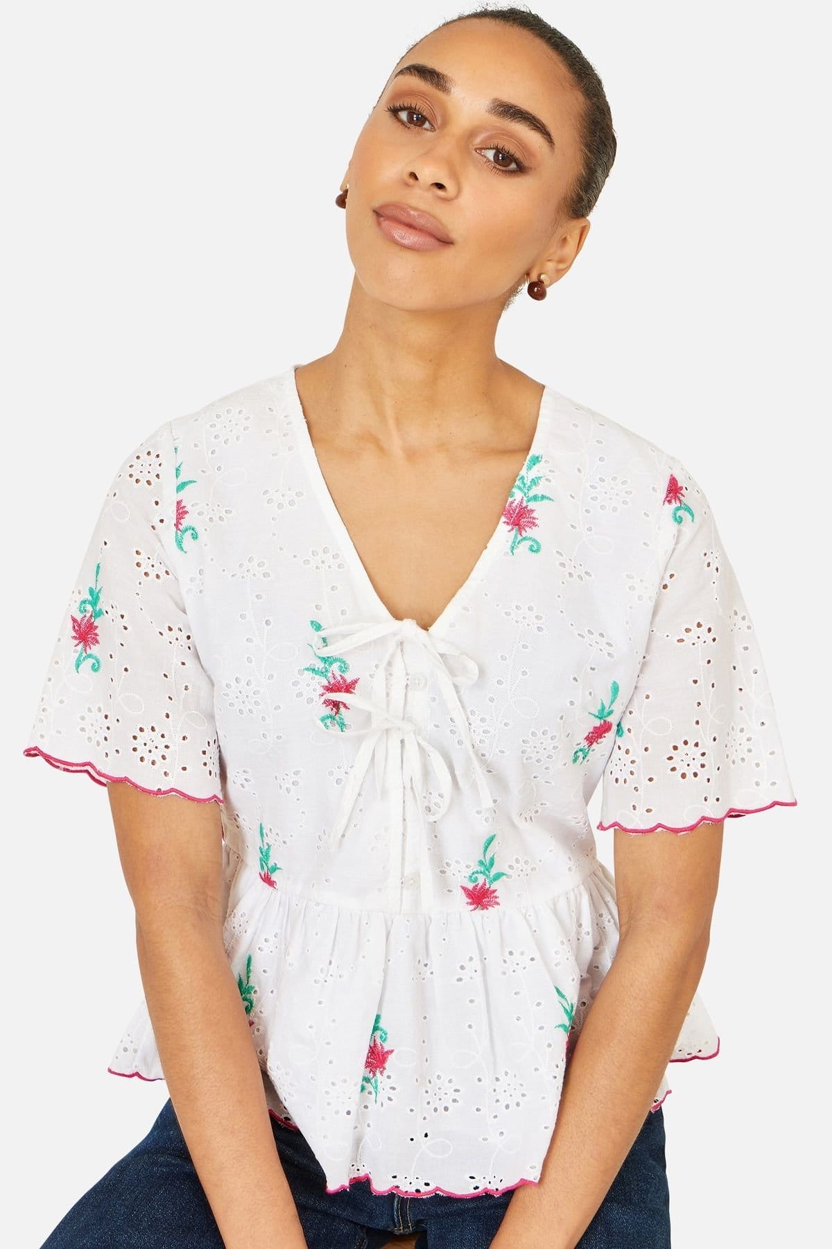 Yumi Yumi Women's White Cotton Broderie Anglaise Embroidered Tie Top in Cool White - 4