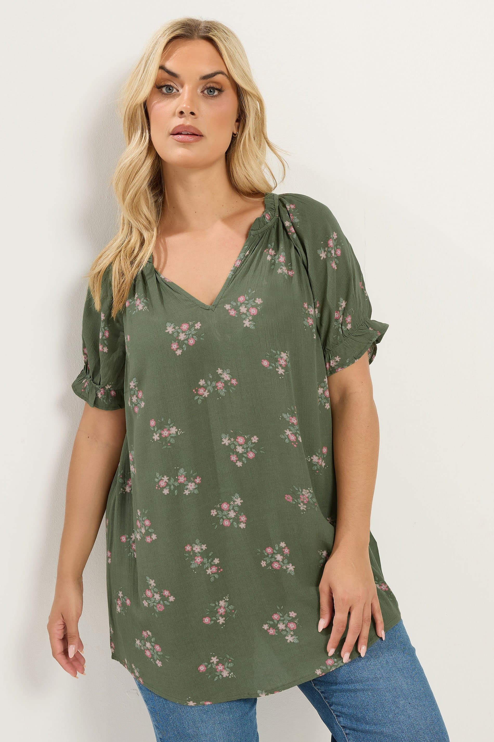 Yours Plus Size Green Floral Notch Neck Blouse