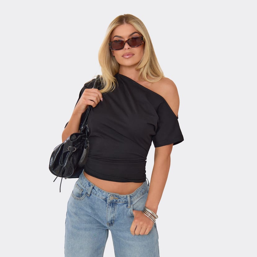 EGO One Shoulder Cinched Waist Detail T-Shirt In Black, Women's Size UK 6 - 1