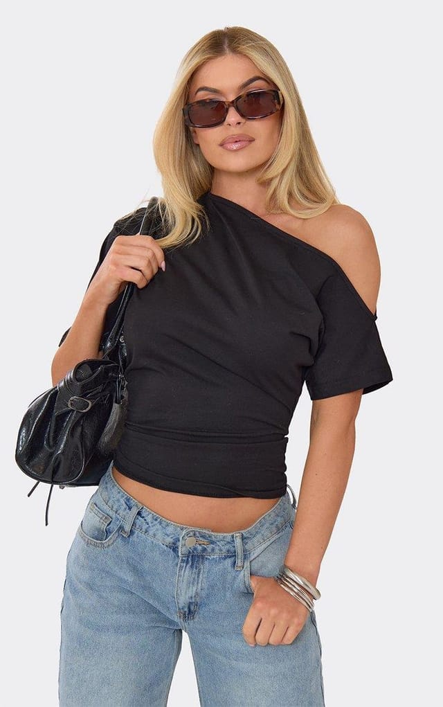 EGO One Shoulder Cinched Waist Detail T-Shirt In Black, Women's Size UK 6 - 2
