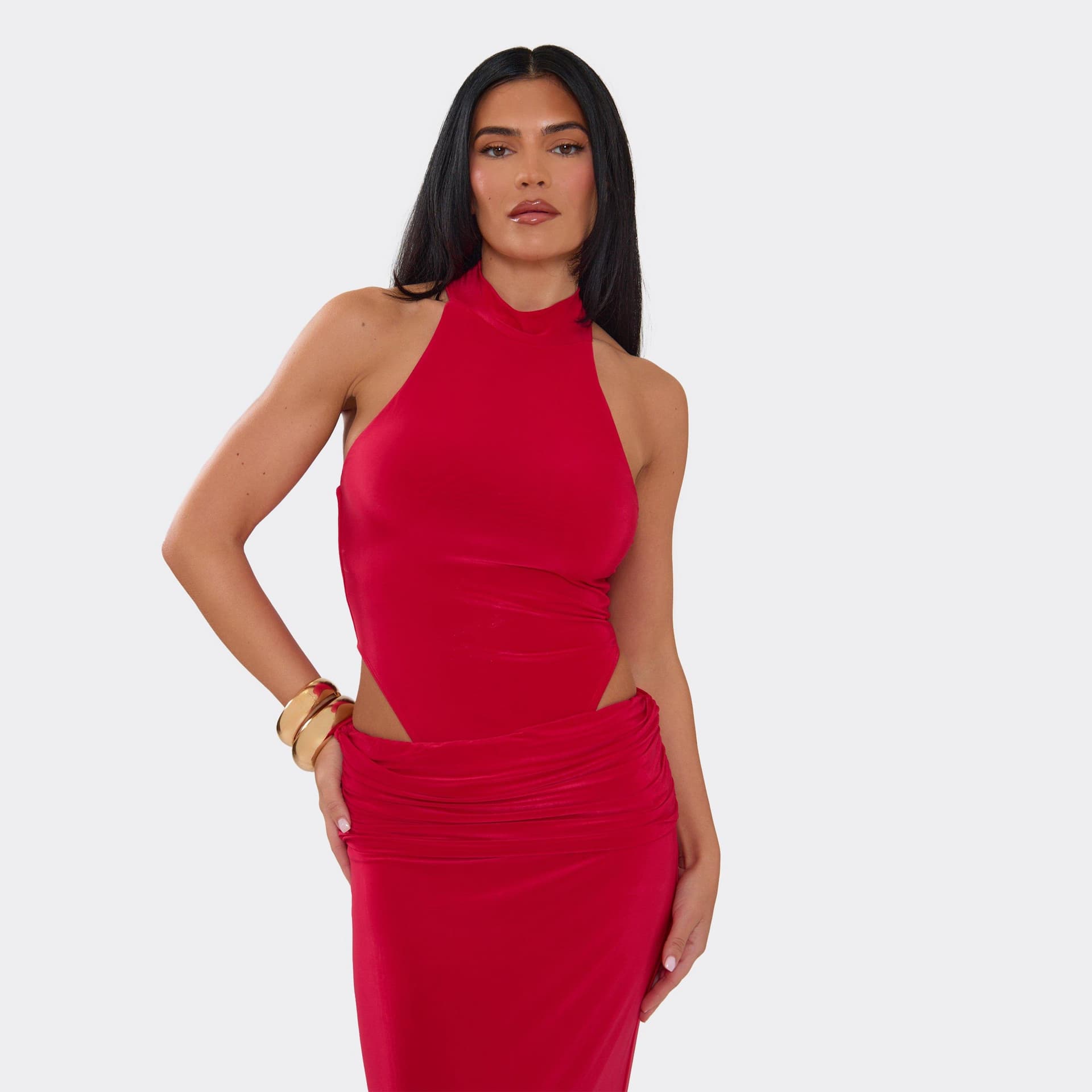 EGO High Neck Bodysuit In Red, Women's Size UK 6