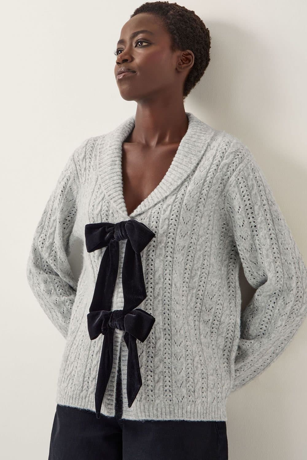 Monsoon Monsoon Women's Bria Bow Cable Knit Cardigan Grey