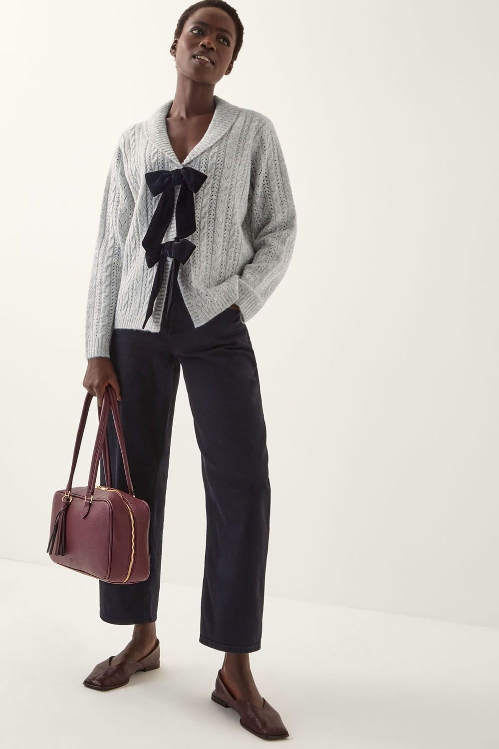 Monsoon Monsoon Women's Bria Bow Cable Knit Cardigan Grey - 4