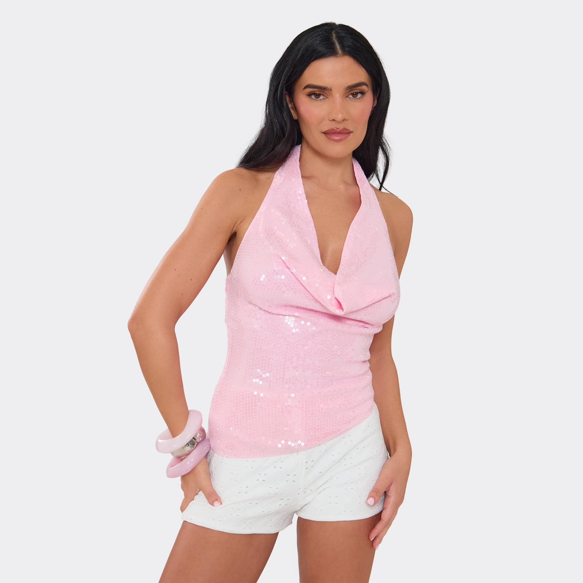 EGO Halterneck Cowl Top In Pink Sequin, Women's Size UK 6