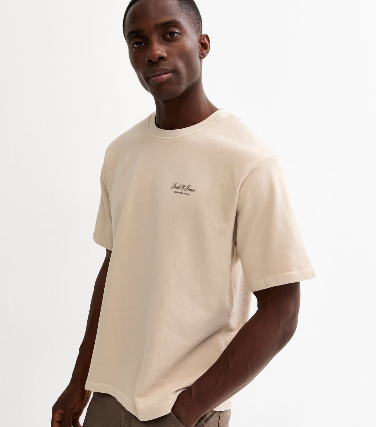 jack & jones Men's Off White Relaxed Washed Logo T-Shirt Jack & Jones New Look