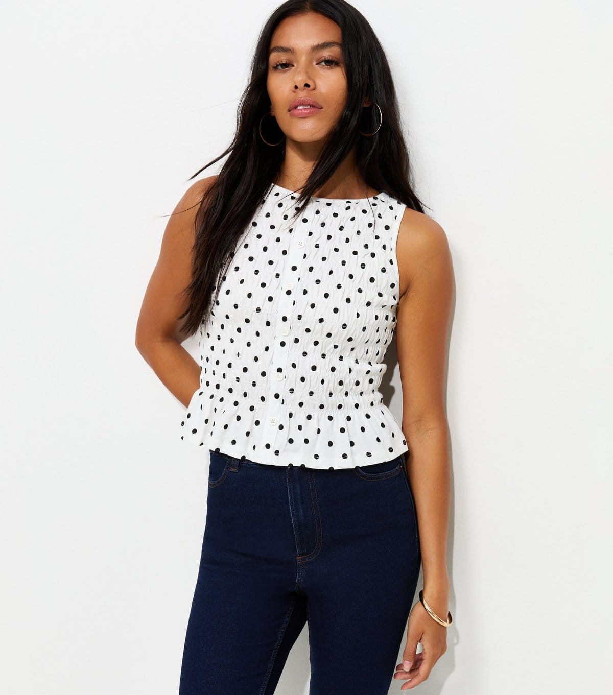 New Look Cream Cotton Polka Dot Shirred Top