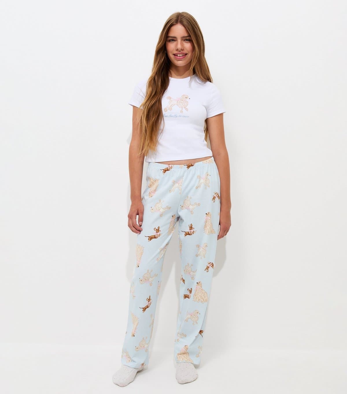 New Look Girls' Blue Cotton Rich Dog Print Baby Tee Pyjama Set New Look