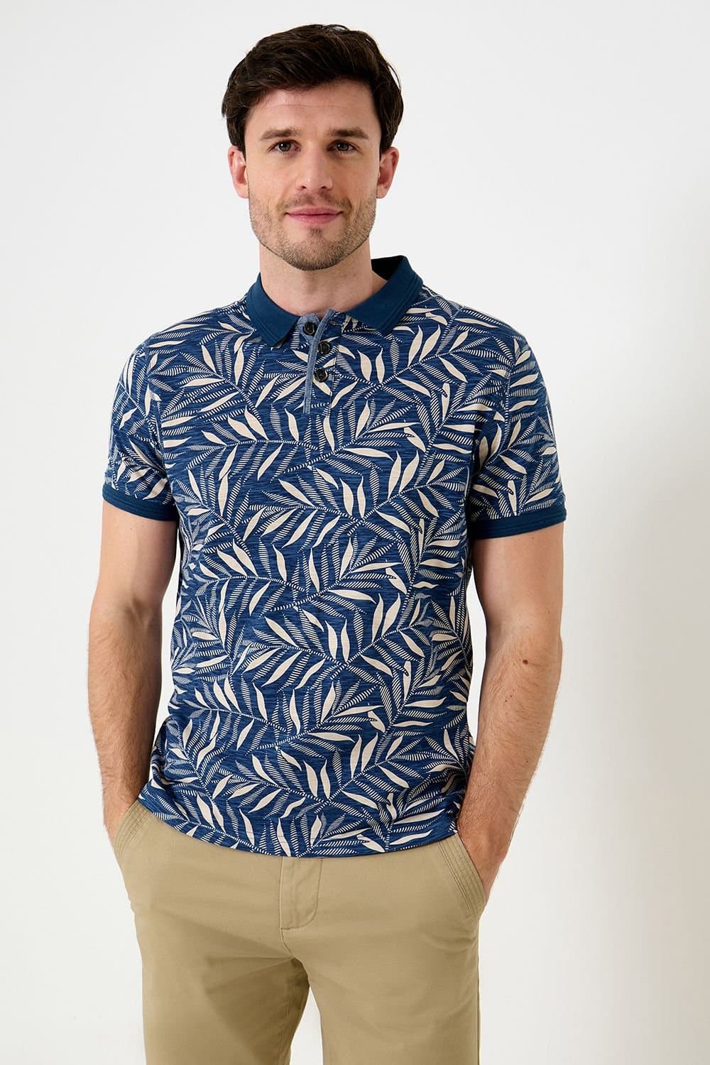 Saltwell Saltwell Men's Leaf Print Cotton Polo Shirt in Blue