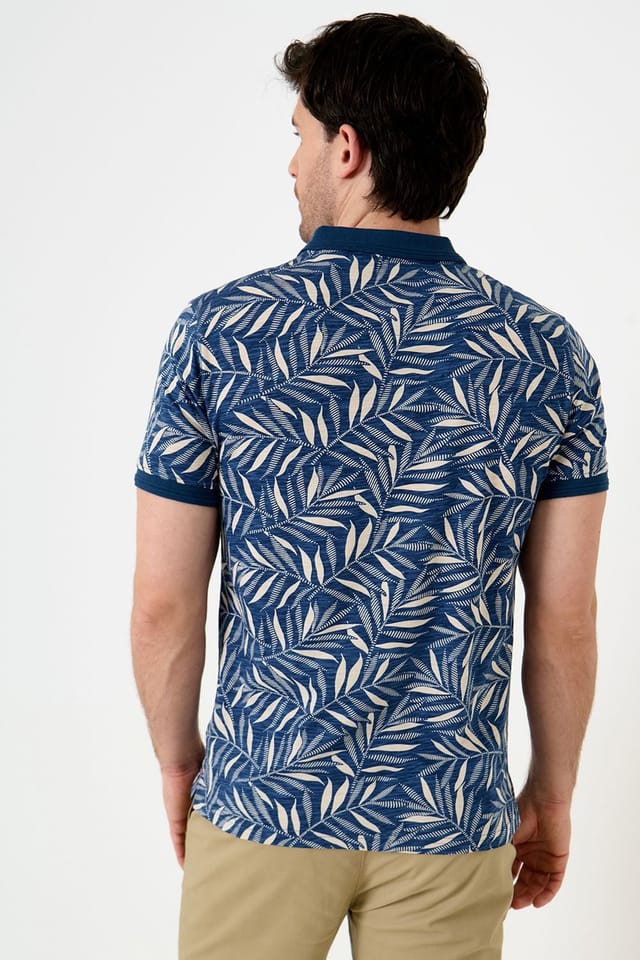 Saltwell Saltwell Men's Leaf Print Cotton Polo Shirt in Blue - 2