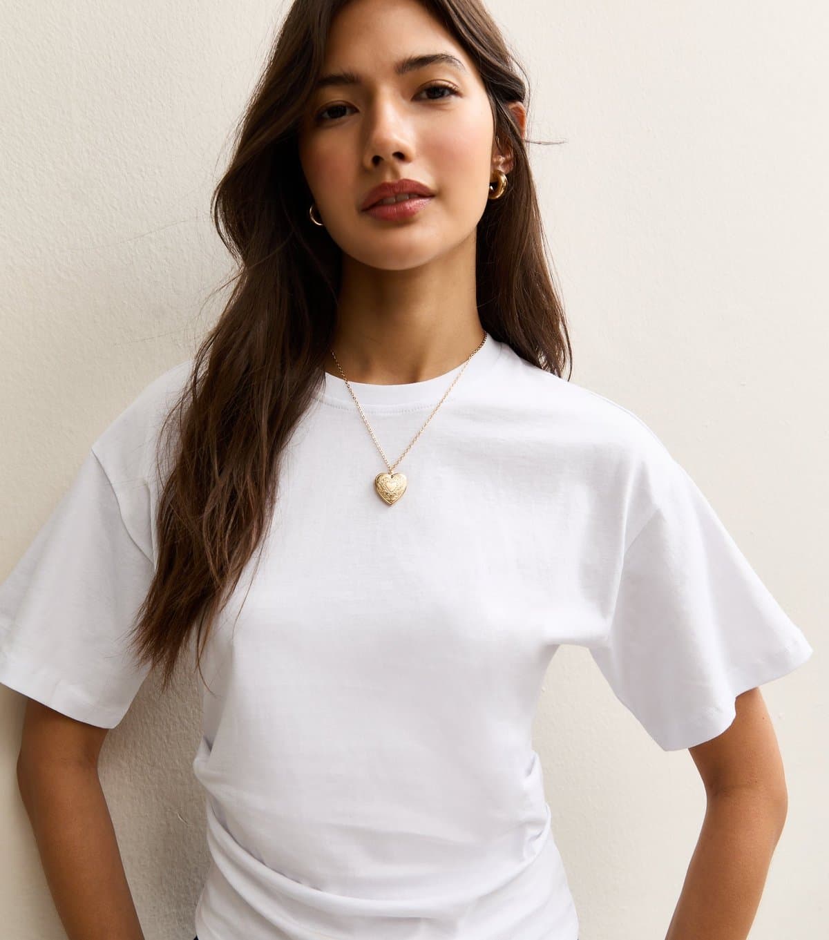 New Look Women's White Ruched Waist Crew Neck T-Shirt New Look