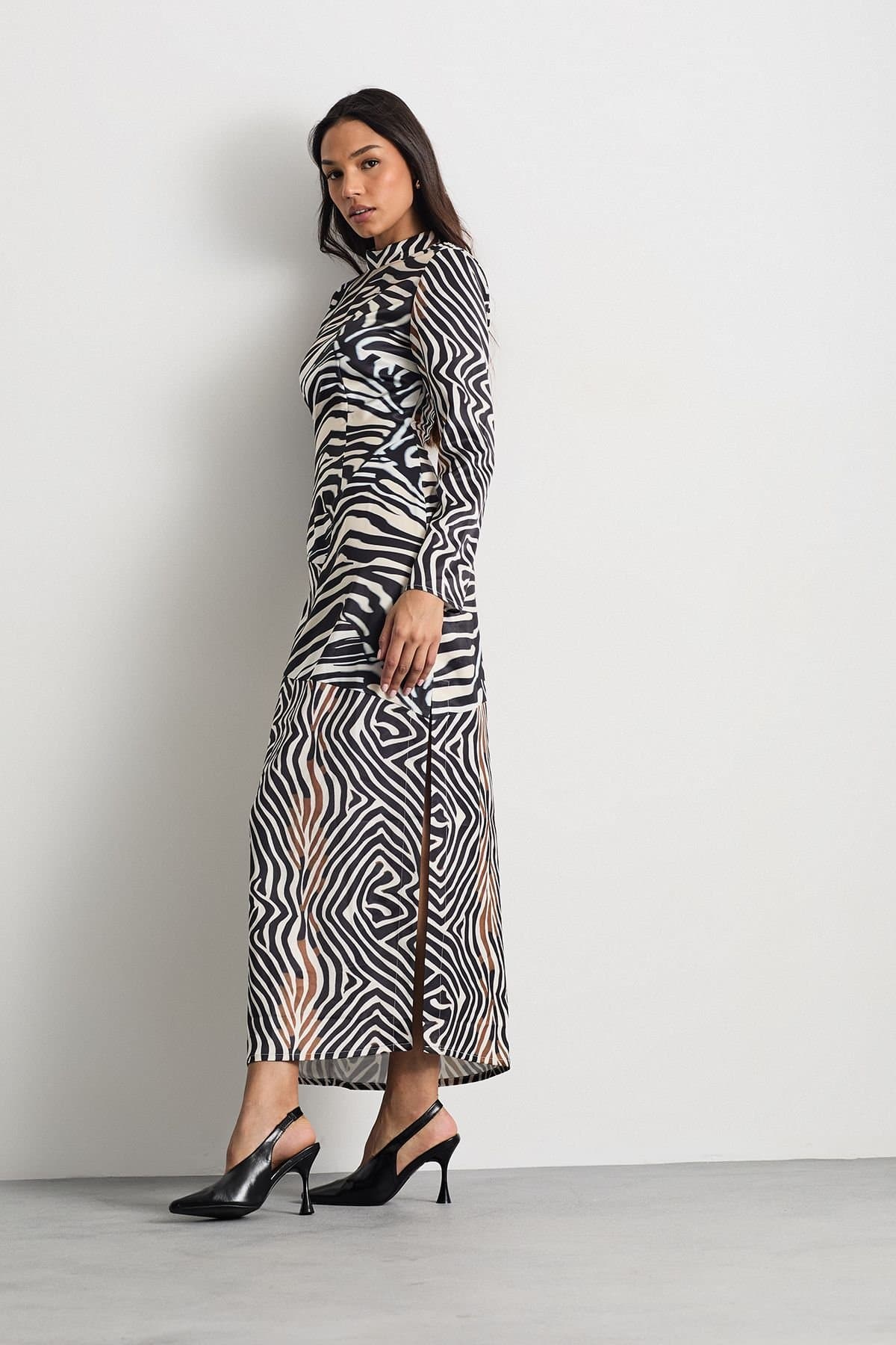 Warehouse Warehouse Women's Zebra Printed Satin Panelled Maxi Dress in Animal