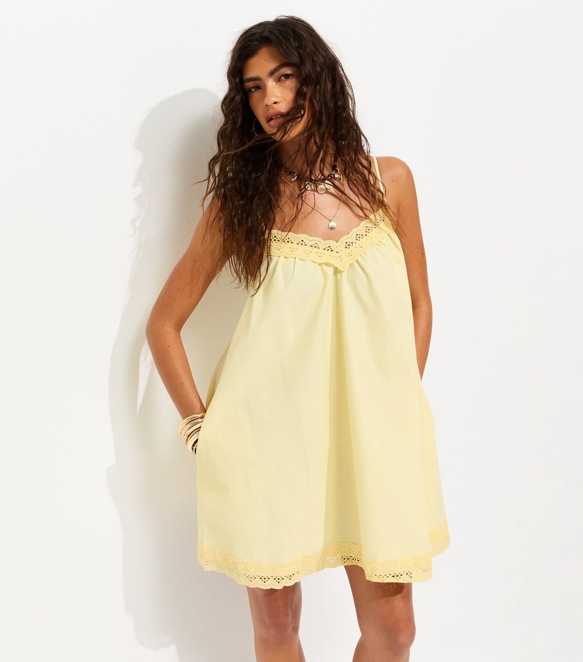New Look Women's Light Yellow Cotton Rich Lace Trim Strappy Smock Mini Dress New Look