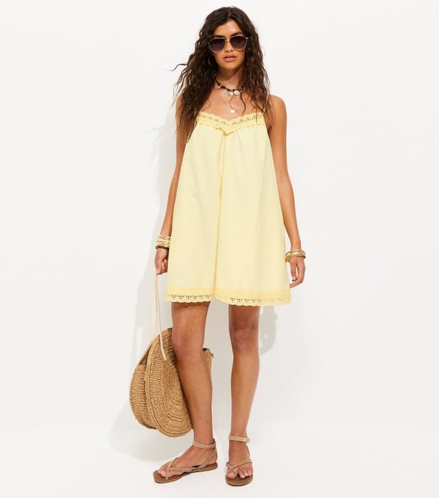 New Look Women's Light Yellow Cotton Rich Lace Trim Strappy Smock Mini Dress New Look - 3