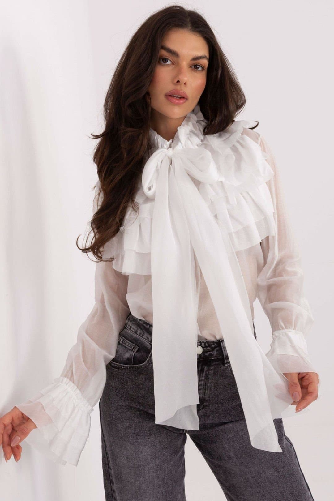 Love Lace Love Lace Women's Elegant Stand Collar Long Sleeve Jabot Shirt in White