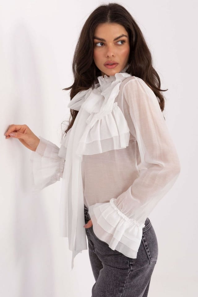 Love Lace Love Lace Women's Elegant Stand Collar Long Sleeve Jabot Shirt in White - 2