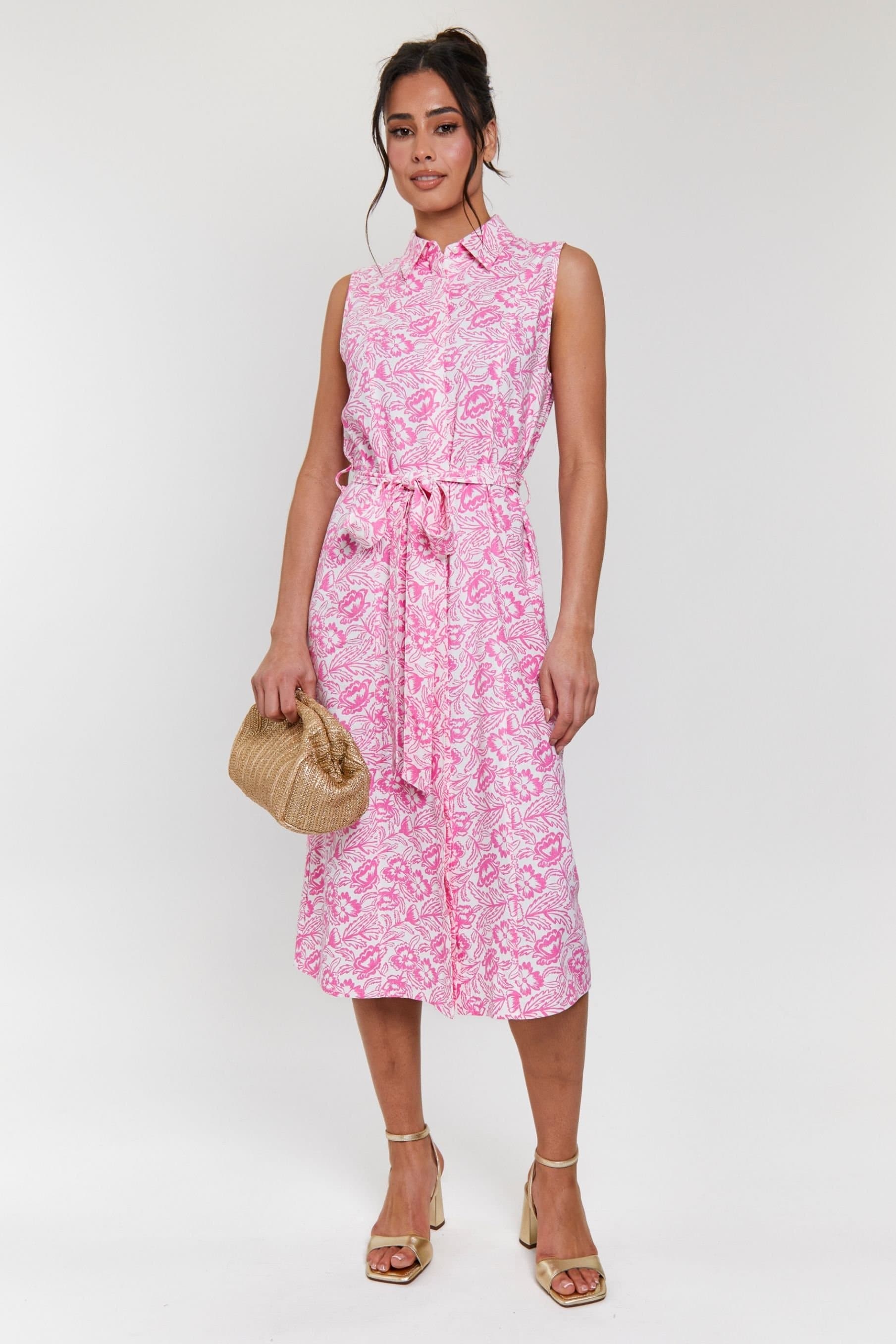 South Beach South Beach Women's Printed Sleeveless Shirt Dress with Belt in Pink