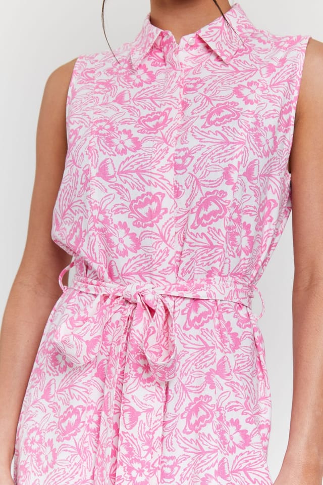 South Beach South Beach Women's Printed Sleeveless Shirt Dress with Belt in Pink - 2
