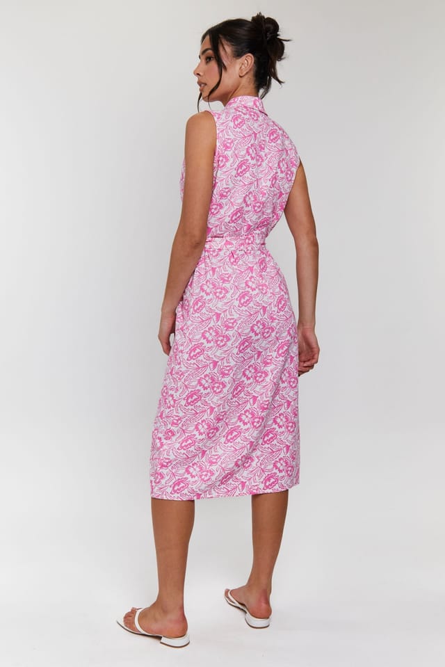 South Beach South Beach Women's Printed Sleeveless Shirt Dress with Belt in Pink - 3