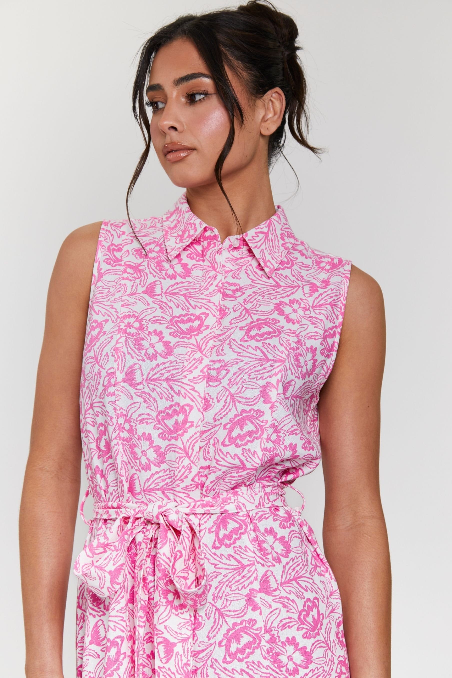 South Beach South Beach Women's Printed Sleeveless Shirt Dress with Belt in Pink - 4