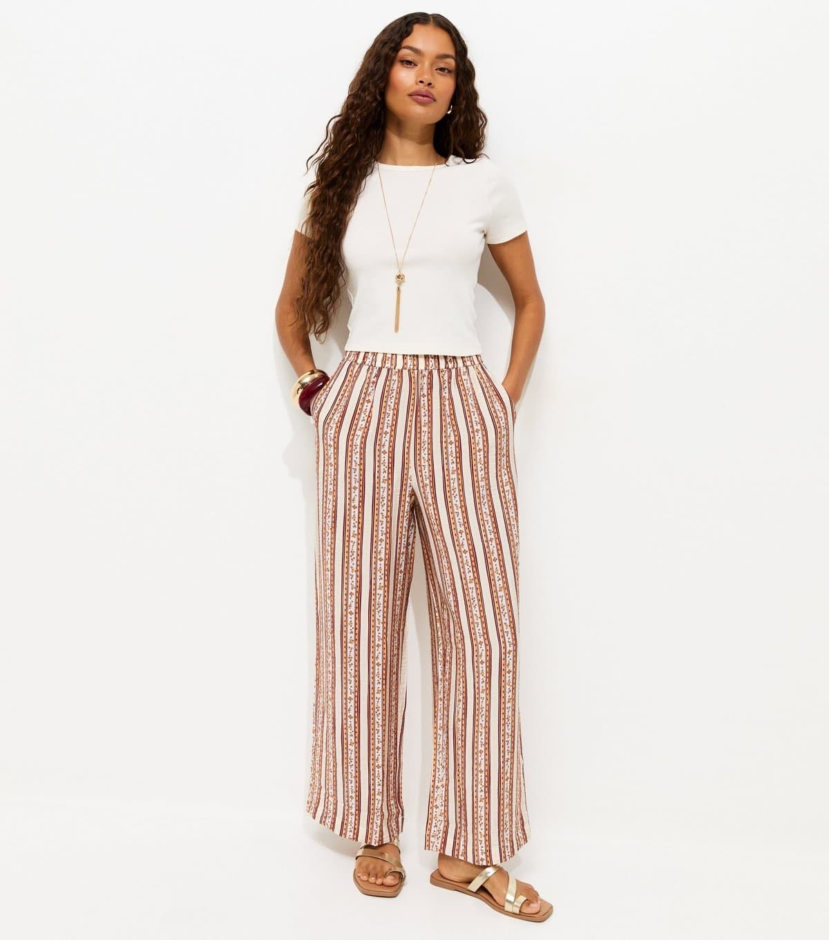 New Look Women's Petite Cream Floral Striped Wide Leg Trousers New Look