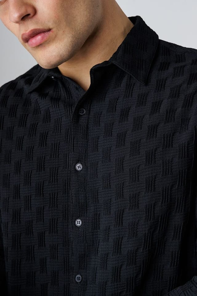 Influence Influence Men's Textured Long Sleeve Button Shirt in Black - 3