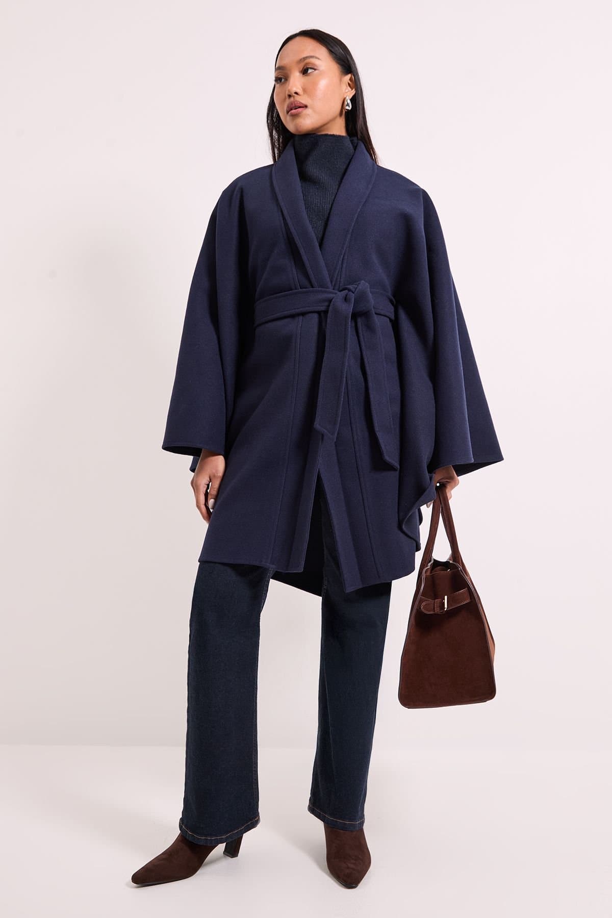 Wallis Wallis Women's Double Faced Belted Cape Coat in Navy