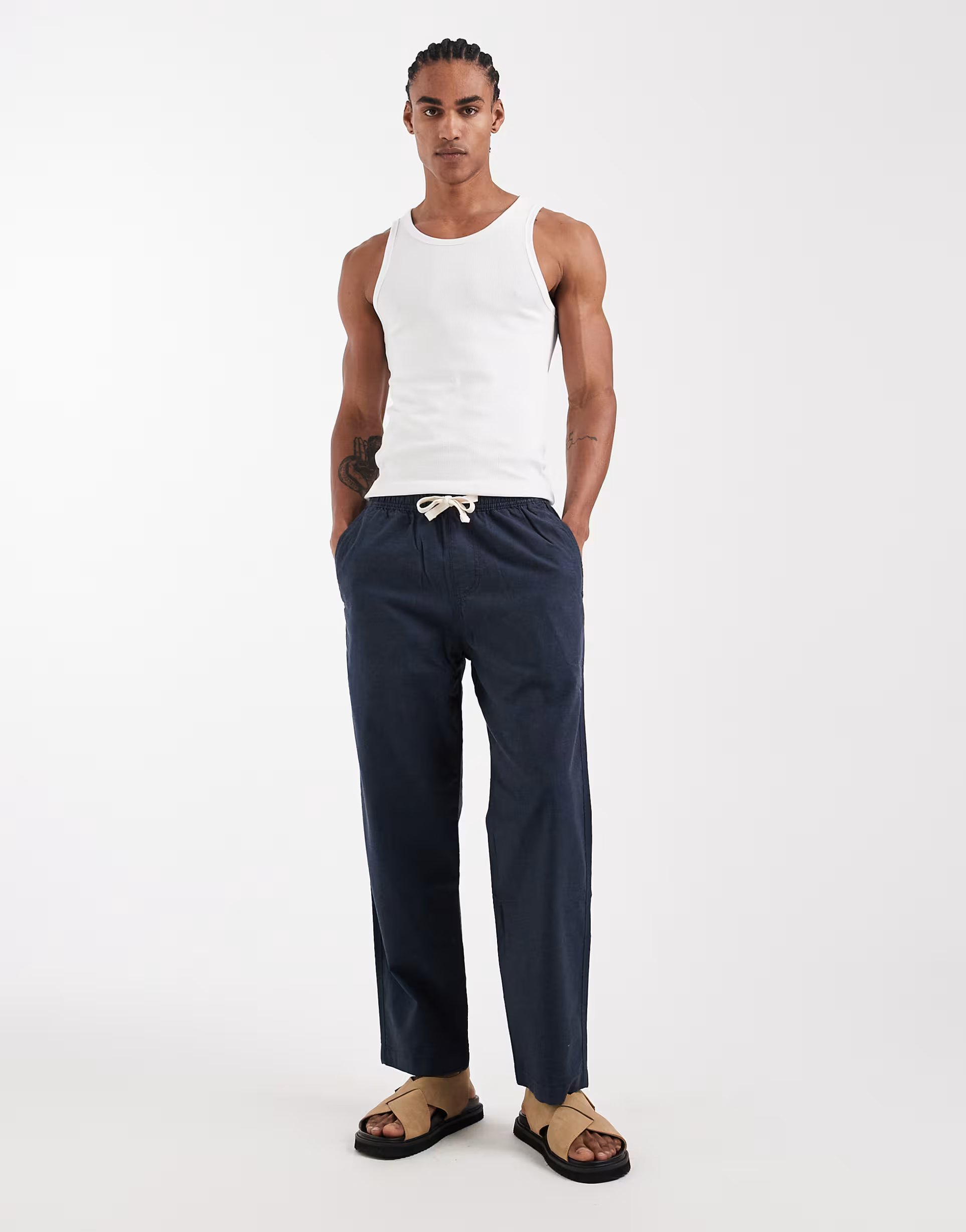 ASOS Hollister cotton linen blend loose fit trousers in navy - 1