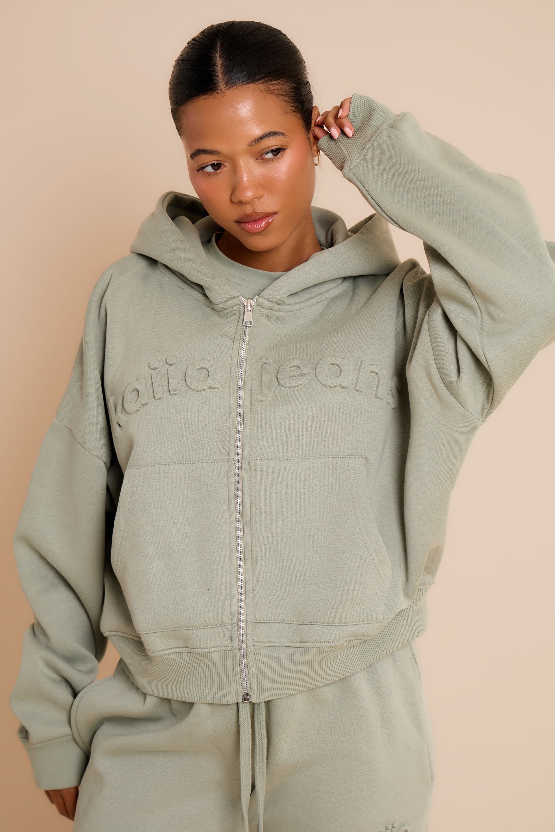 Kaiia Kaiia Embossed Oversized Zip Through Hoodie Eucalyptus