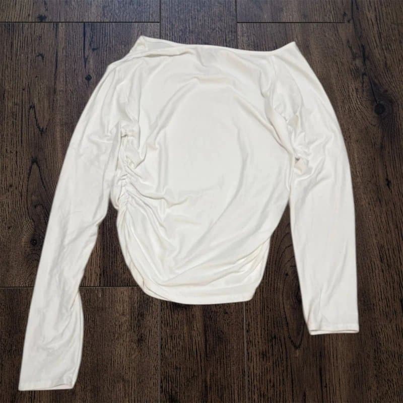 PrettyLittleThing white off shoulder top long sleeve ruched fitted plt uk 16