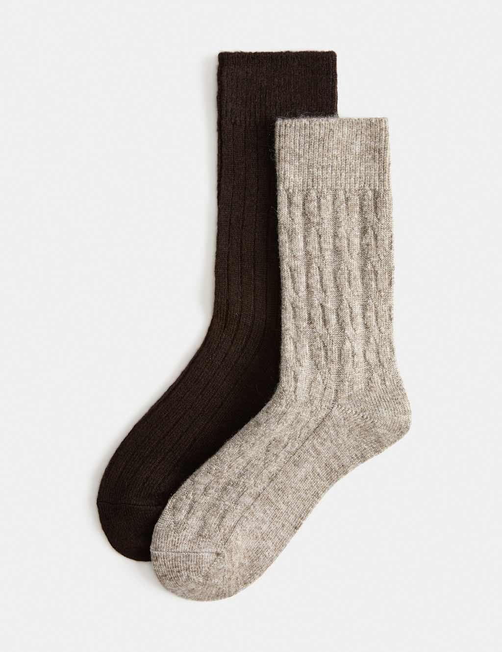 Marks & Spencer M&S 2 Pack Thermal Ribbed Cable Ankle High Socks Chocolate Mix