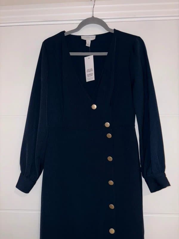 Never Fully Dressed Never Fully Dressed Navy Gold Button Long Sleeve Midi Dress Size L Smart Work Office winter