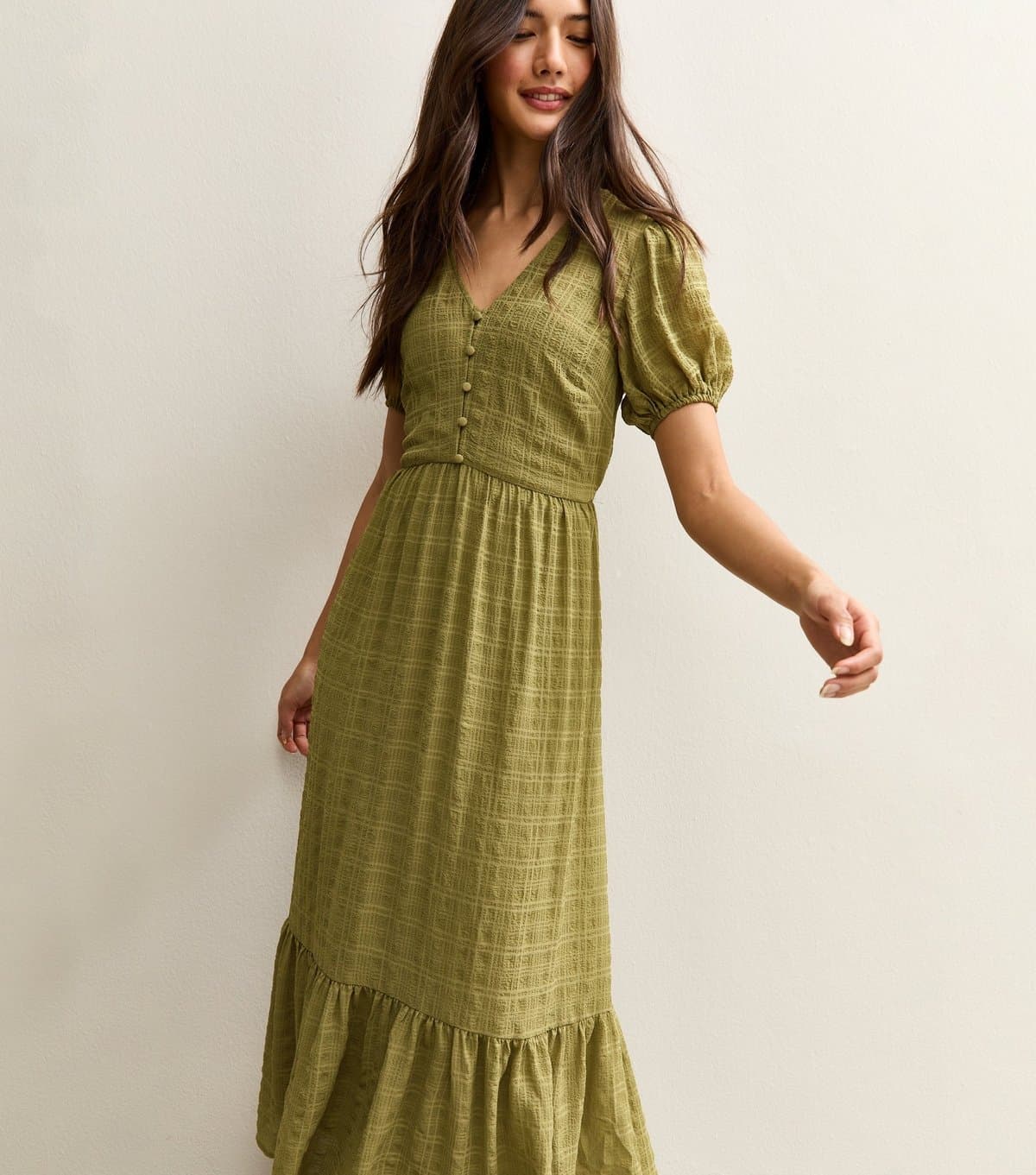 New Look Women's Light Khaki Checked Button Through Midi Dress New Look